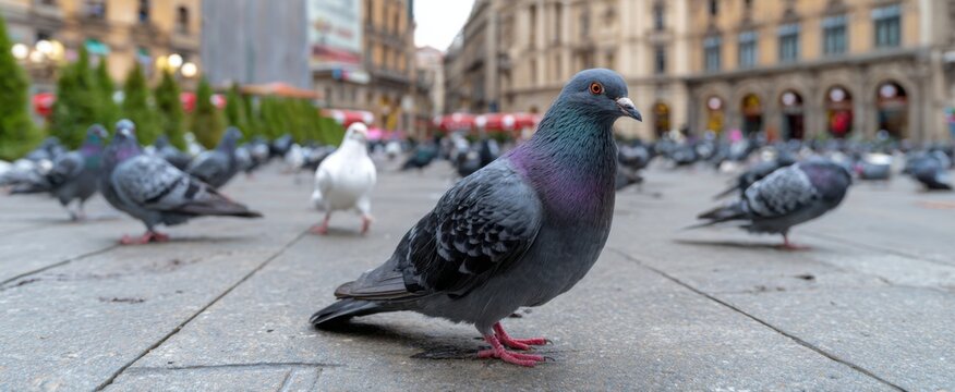 Pigeons feast like feathered crowds in the city’s bustling concrete jungle.