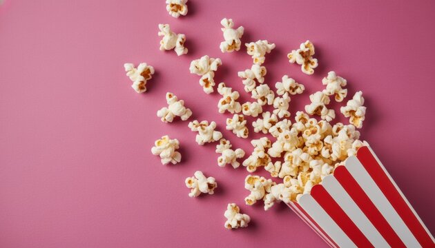 Fluffy white popcorn kernels spilling from a classic red and white striped box in a top-down flat lay composition on a vibrant pink background with copy space