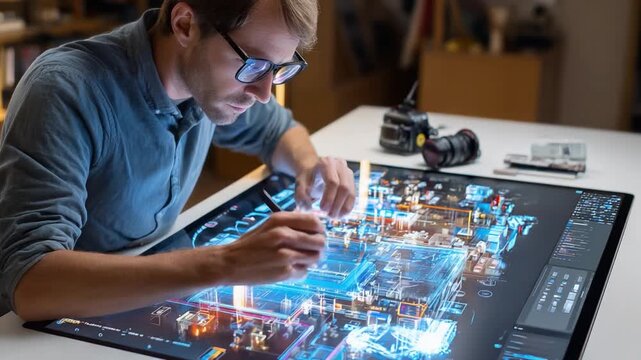 Mastermind at Work: A focused man immersed in the creation of technological marvels, peering intently at a holographic display, embodying innovation and the future of science.