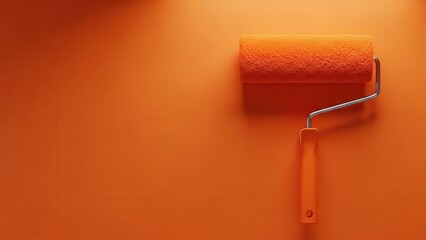 Obraz premium Orange paint roller resting on a freshly painted orange wall