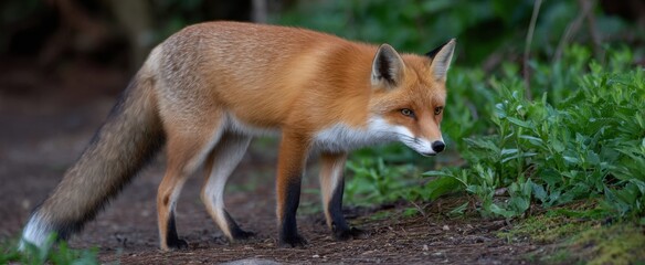 Obraz premium Red fox cautiously sniffing the crisp scent along a quiet woodland path