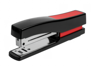 Black and red office stapler with shiny metal base isolated on a transparent background