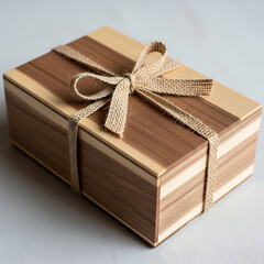 Handmade wooden gift box with burlap ribbon and natural tones