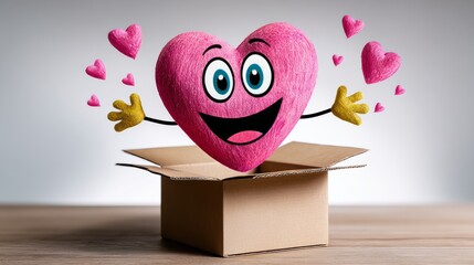 A cartoon heart is inside a cardboard box with a smiling face and lots of hearts surrounding it. The heart is pink and the box is brown. Concept of happiness and love