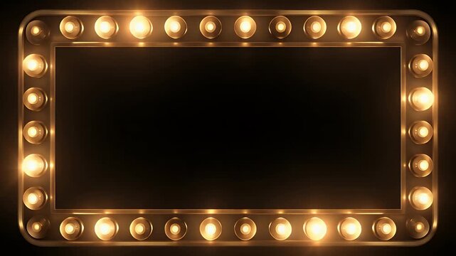 Illuminated vintage light bulbs frame a dark space creating a dynamic stage background, perfect for retro designs and theatrical productions