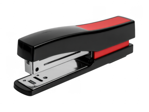 Black and red office stapler with shiny metal base isolated on a transparent background