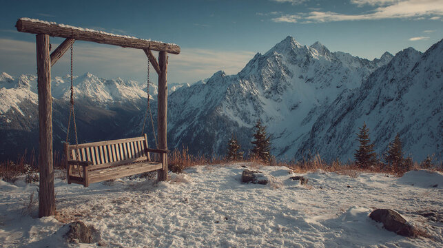 Rustic wooden swing frame standing on snowy peak overlooking majestic mountain range under blue sky