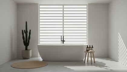 Minimalist bathroom interior with a white freestanding tub in front of a large window with blinds, creating beautiful light and shadow patterns on the concrete floor