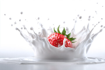 A fresh red strawberry splashes into creamy white milk creating a dynamic splash and many droplets