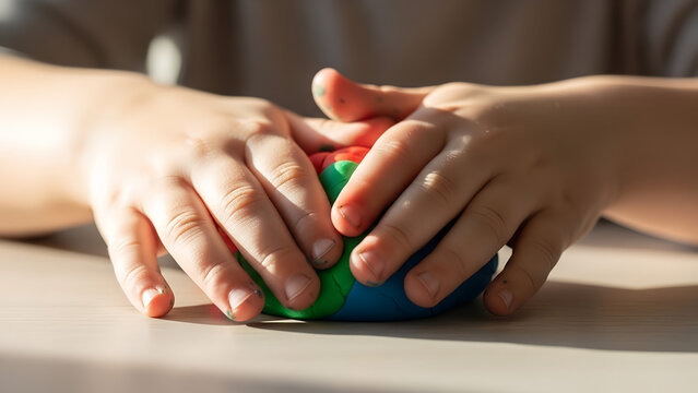Child’s hands playing with colorful stress ball on table  