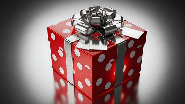 Festive red gift box with white polka dots and silver ribbon - Powered by Adobe