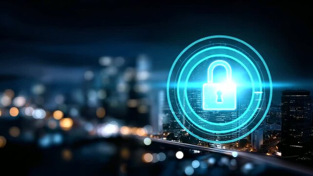 Digital lock symbol over city skyline, defocused night lights, fintech cyber defense concept, urban cybersecurity technology, data protection visualization, metropolitan security s