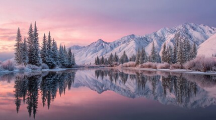 Fototapeta premium Serene Winter Landscape with Snow-Covered Mountains, Tranquil River, and Reflected Pine Trees Under a Colorful Sunrise Sky