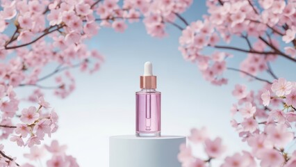 Pink cosmetic serum bottle displayed under blooming cherry blossom tree