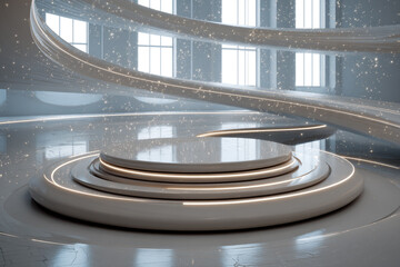 Futuristic circular stage podium with ambient light and sparkling particles