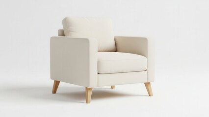 Modern beige fabric armchair with wooden legs isolated on white background