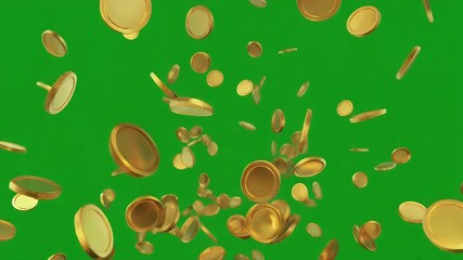 Golden coins falling against a green screen backdrop, perfect for financial success videos or game development with wealth and prosperity themes