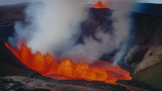 Cinematic cross-section view of a massive supervolcano eruption with lava fountains and smoke.