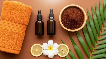 Spa treatment arrangement with essential oil, coffee scrub, and lemon slice