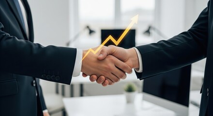 Obraz premium Empresarios dándose un apretón de manos con una flecha naranja de crecimiento