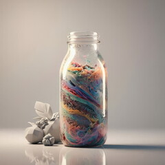 A sleek 3D visualization of a modern smoothie bottle with dynamic swirling layers, representing energy, vitamins, and healthy living through vibrant abstract visuals.