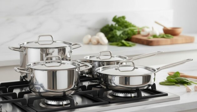 Modern stainless steel cookware set with lids sitting on a gas stovetop in a bright, contemporary kitchen with fresh vegetables and a marble countertop in the background