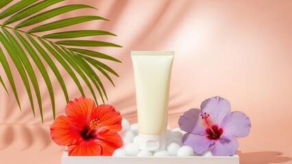 Cosmetic cream tube with tropical hibiscus flower and palm leaf