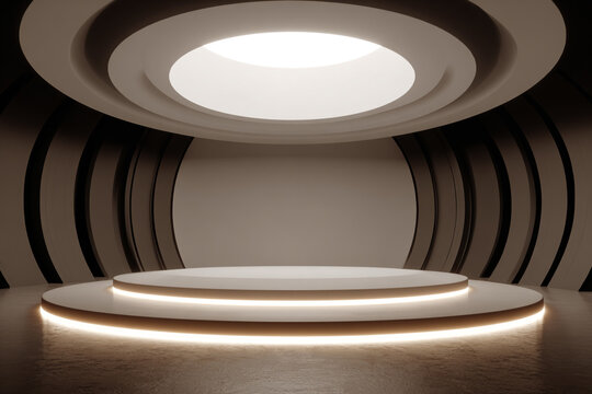 Futuristic stage podium with dramatic lighting and modern architectural design