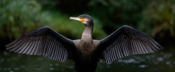 The majestic cormorant stretches its expansive wings to dry in the gentle sunlight