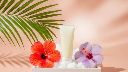 Skincare product tube with tropical hibiscus flower and palm leaf