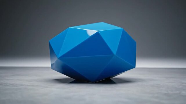 A vibrant blue, faceted gem-like object rests on a textured surface, casting a subtle shadow