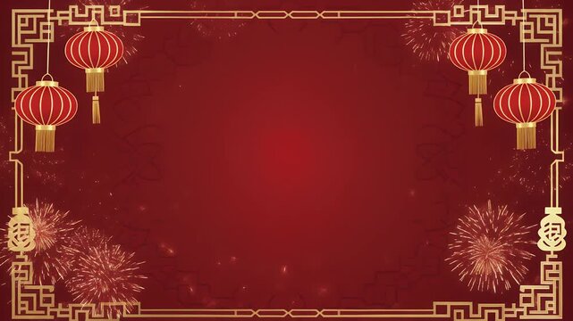 Celebrate Chinese New Year with this dynamic red and gold festive backdrop featuring lanterns and fireworks for a vibrant cultural event video
