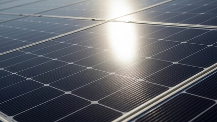 Close up of solar panel surface reflecting bright sunlight during day