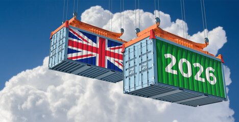 Trading 2026. Freight container with United Kingdom national flag. 3D Rendering 