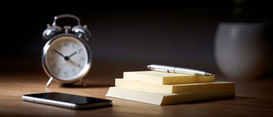 Close-up of a desk with a vintage alarm clock, stacked sticky notes with a pen, and a smartphone on a wooden surface in soft lighting