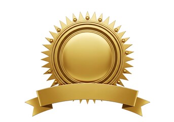 Golden award medal with ribbon and sunburst rays, isolated on white background