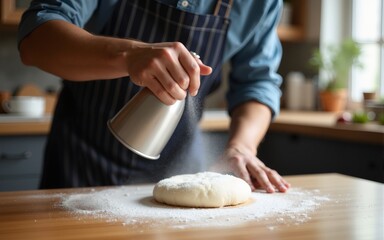 Man cook spraying raw dough with water. High quality