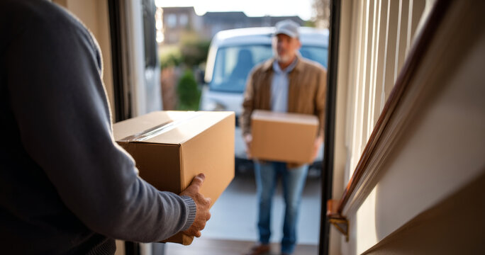 Two men exchanging cardboard boxes at a residential doorstep with a delivery van in the background during daytime