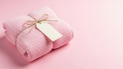 Soft pink towel bundle tied with twine and blank tag on pink