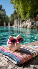 Beige piggy bank in bright pink sunglasses on beach towel in front of turquoise pool.