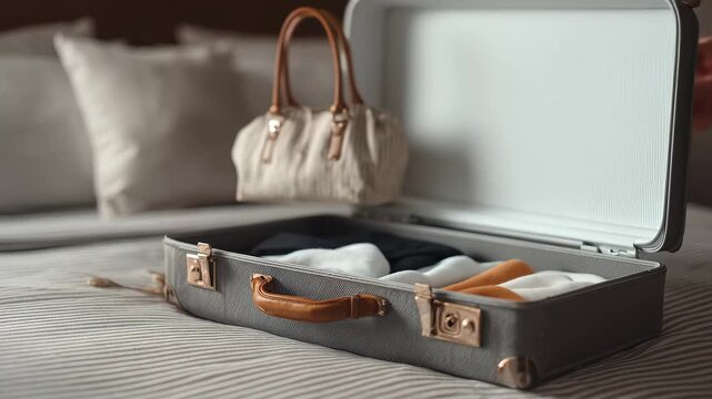 Packing for a summer getaway with a stylish hat and a handbag on a cozy bed in a hotel room