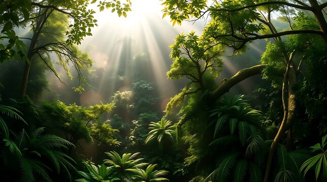 A photorealistic panorama of a lush, green rainforest canopy, sunlight dappling through the dense foliage, mist rising from unseen depths