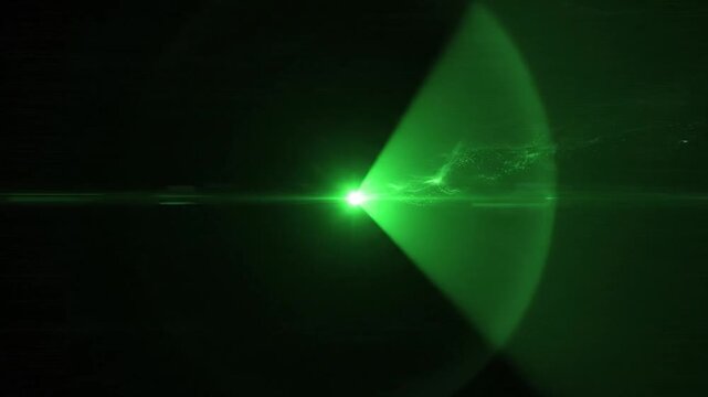 Abstract glowing orb of emerald green light surrounded by dark space and a horizontal flare