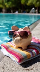 Beige piggy bank wearing bright pink sunglasses on colorful beach towel in front of blurred turquoise pool