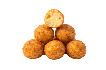 Fototapeta premium Close up shot of a pyramid of six golden brown arancini balls with one cut in half on top