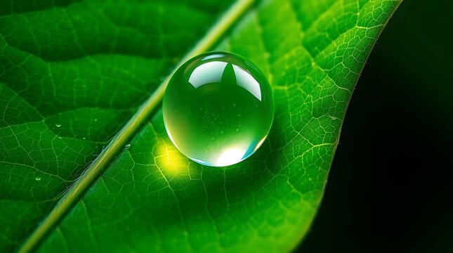 An ultra-realistic close-up of a dewdrop clinging to a vibrant green leaf, capturing the intricate veins of the leaf and the refracted light within the water droplet