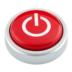 A close up shot of a red power button with a white symbol on it and a silver border around it