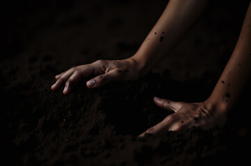 Two dirty hands and forearms press into a mound of dark, loose soil under dim, dramatic lighting, emphasizing a connection to the earth.