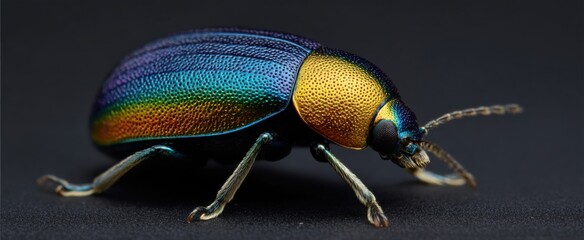 Obraz premium The iridescent shell of a beetle shines with bright lively hues and shades.
