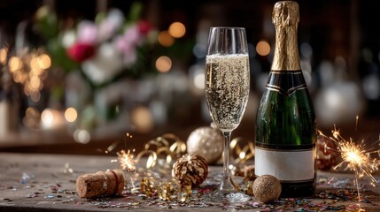 New Year's Eve Champagne Bottle Popping Against Dark Background